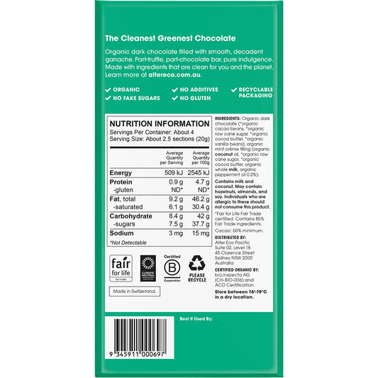 ALTER ECO Chocolate Organic Mint Creme Dark Truffle Thins x 12