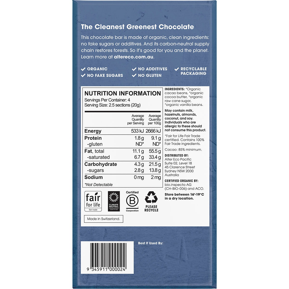 ALTER ECO Chocolate Organic Dark Classic Blackout x 12