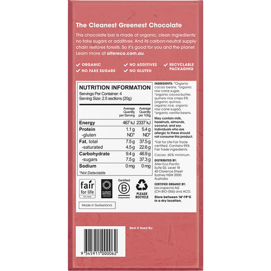 ALTER ECO Chocolate Organic Dark Quinoa Crunch x 12