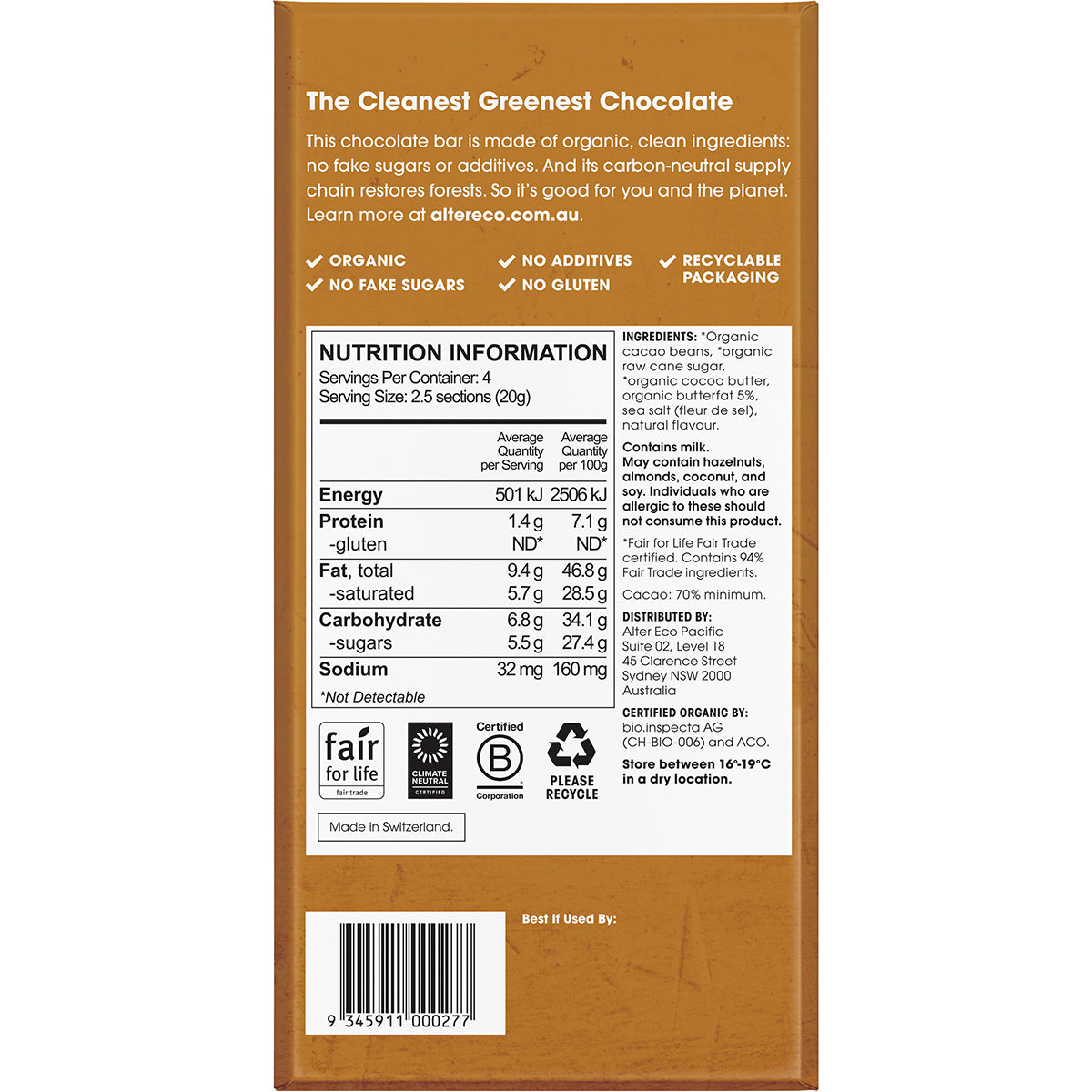 ALTER ECO Chocolate Organic Dark Brown Butter x 12