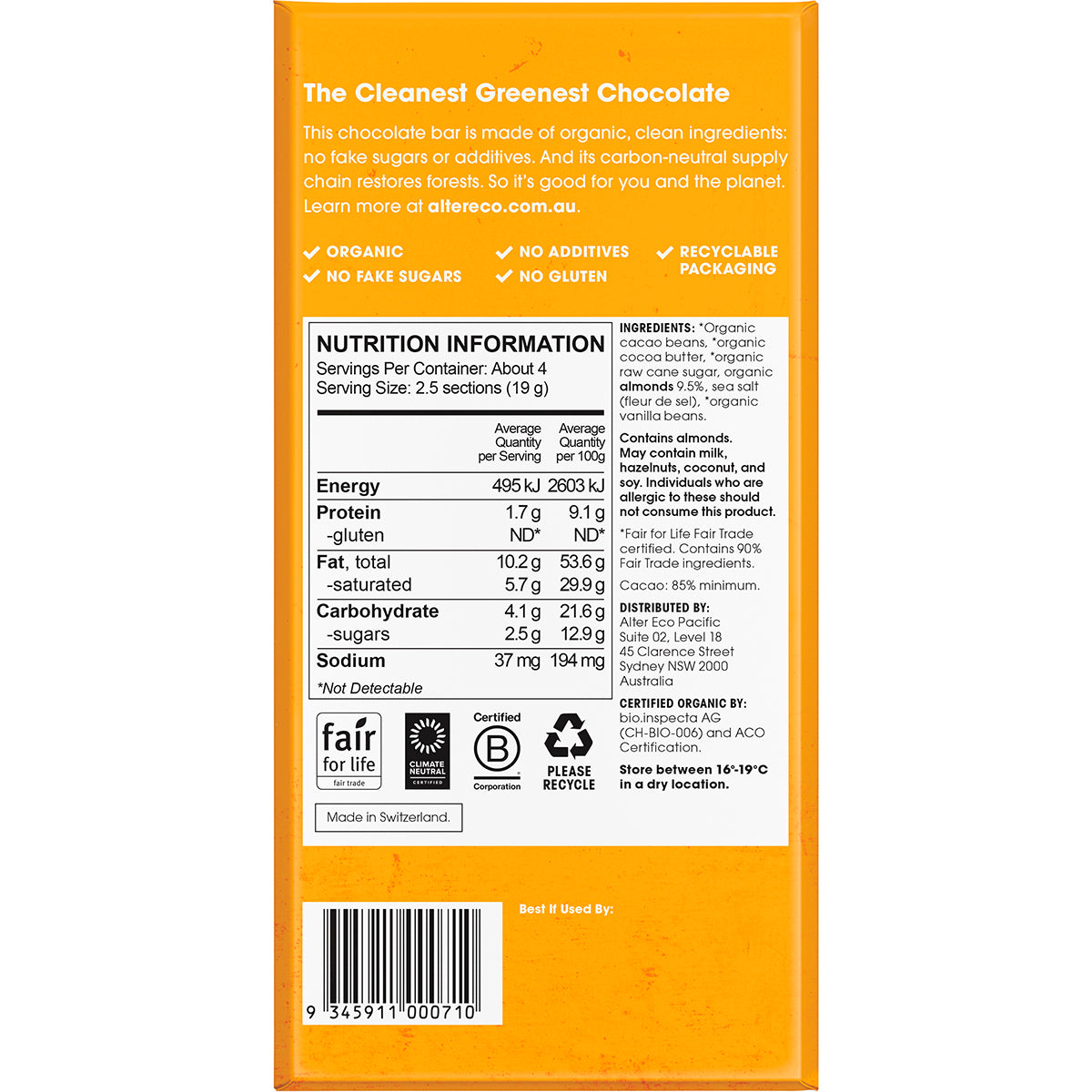 ALTER ECO Chocolate Organic Dark Almonds Blackout x 12