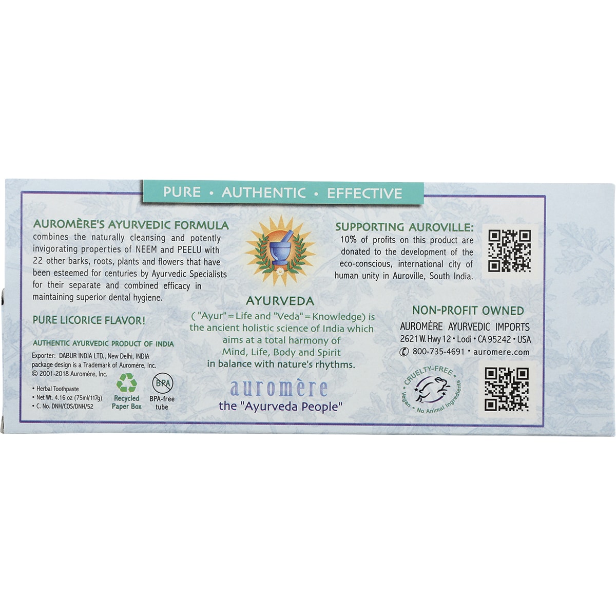 AUROMERE Toothpaste Ayurvedic Mint Free Fluoride Free 6 x 117g