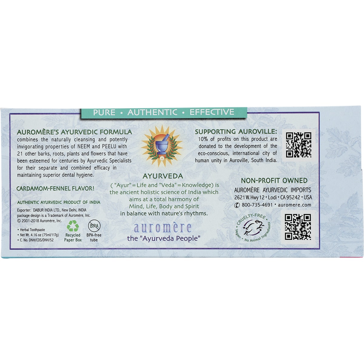 AUROMERE Toothpaste Ayurvedic Cardamom Fennel Fluoride Free 6 x 117g