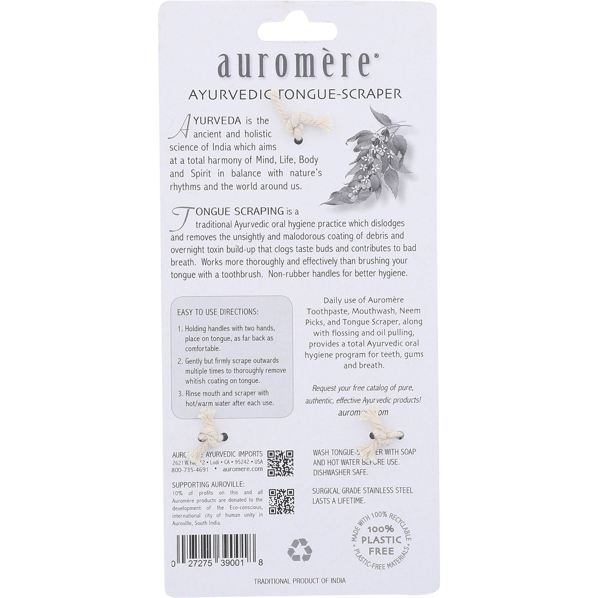 AUROMERE Tongue Scraper Ayurvedic Surgical Grade Stainless Steel x 6