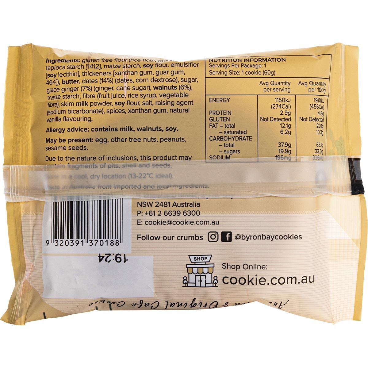 BYRON BAY Gluten Free Cookies Sticky Date & Ginger x 12