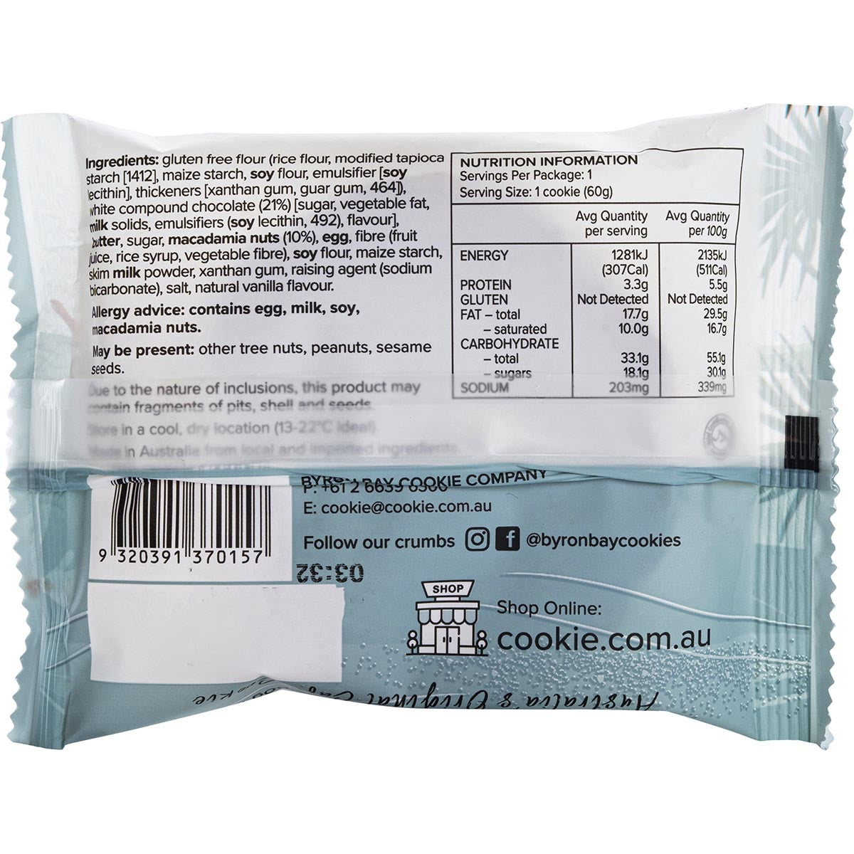 BYRON BAY Gluten Free Cookies White Choc Macadamia x 12