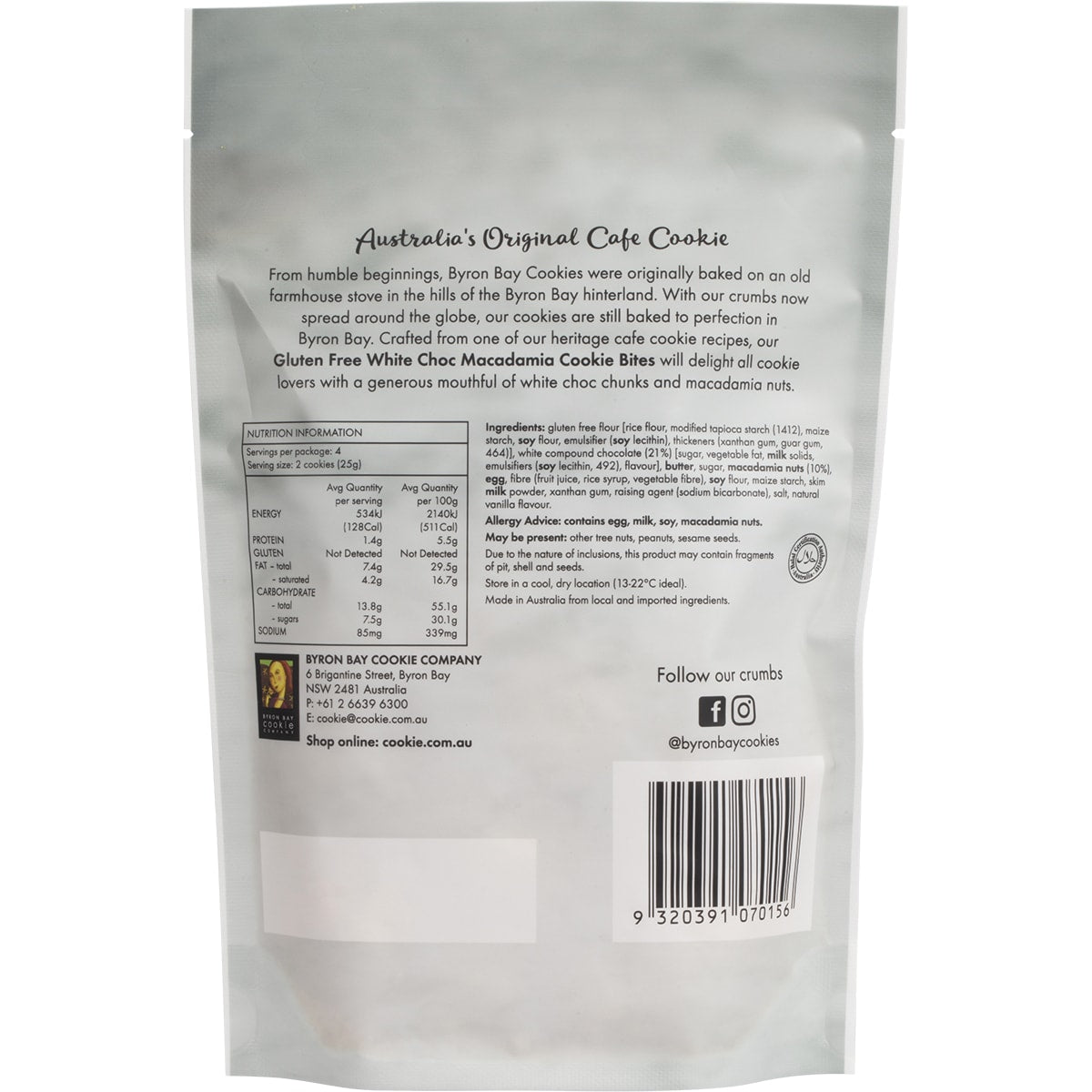 BYRON BAY Gluten Free Cookie Bites White Choc Macadamia x 6
