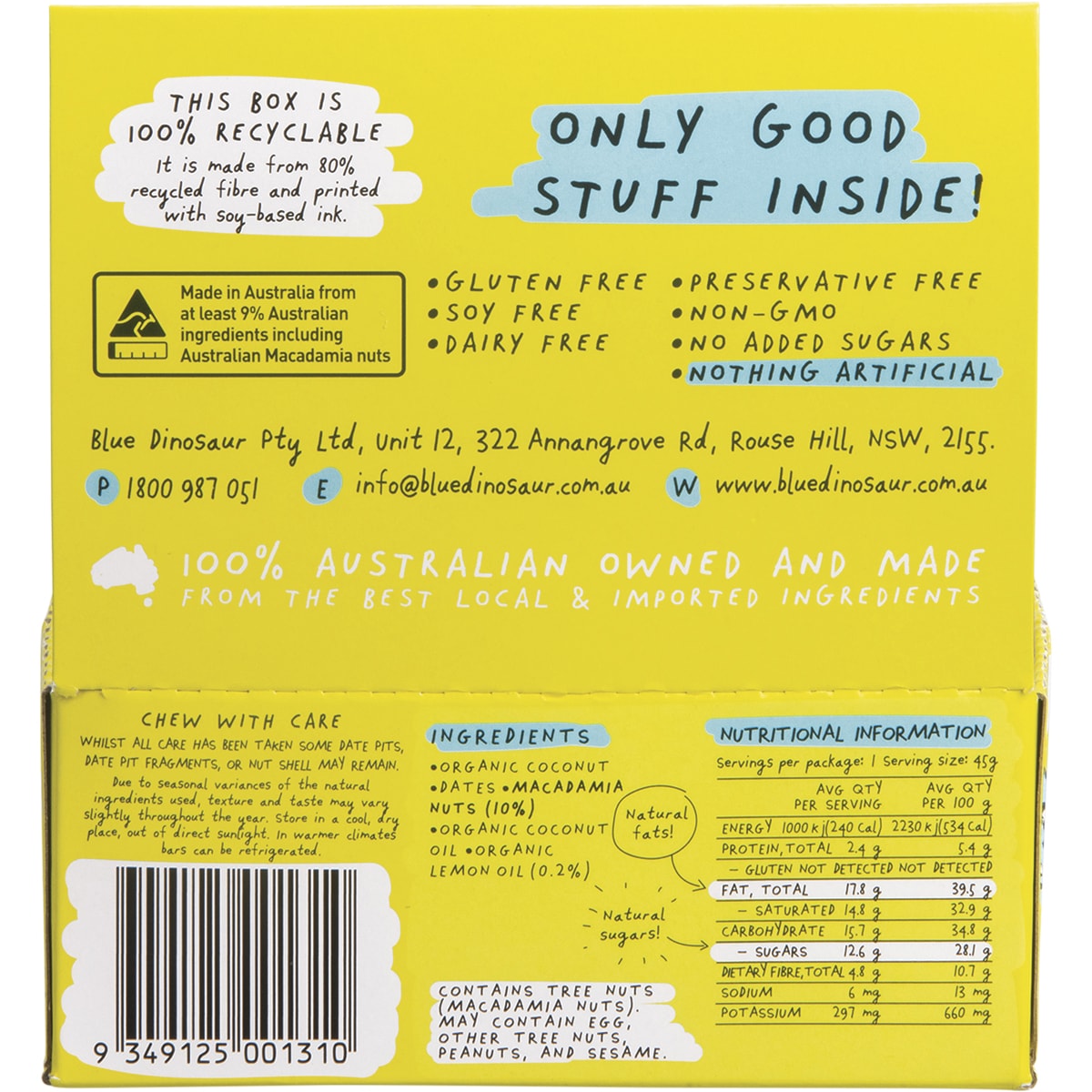BLUE DINOSAUR Lemon & Macadamia Hand-Baked Bar x 12