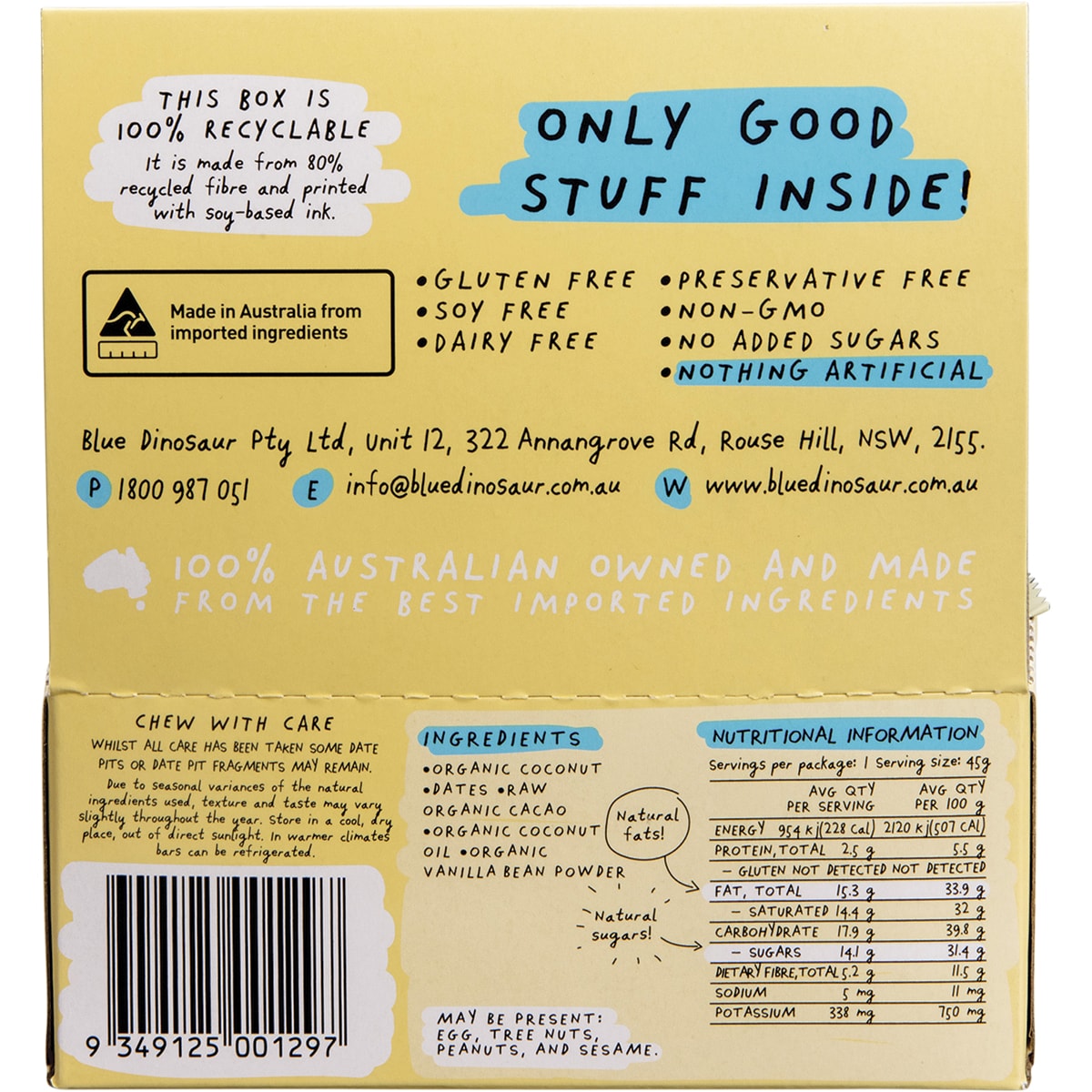 BLUE DINOSAUR Lamington Snack Bar x 12