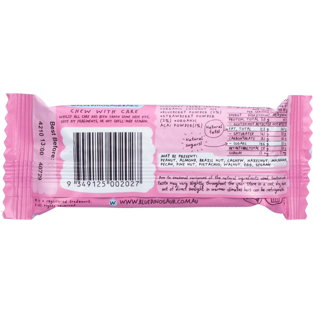 BLUE DINOSAUR Berry Coconut Snack Bar x 12