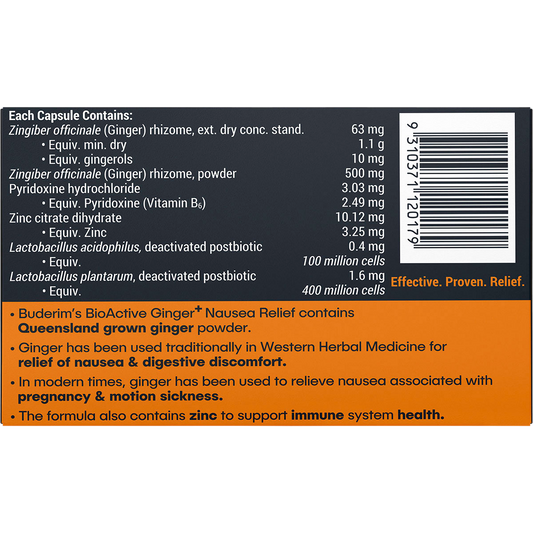 Buderim Ginger BioActive+ Nausea Relief Capsules 6 x 20 Caps