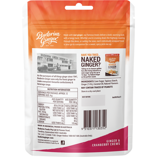 Buderim Ginger Ginger & Cranberry Chews - Box of 12
