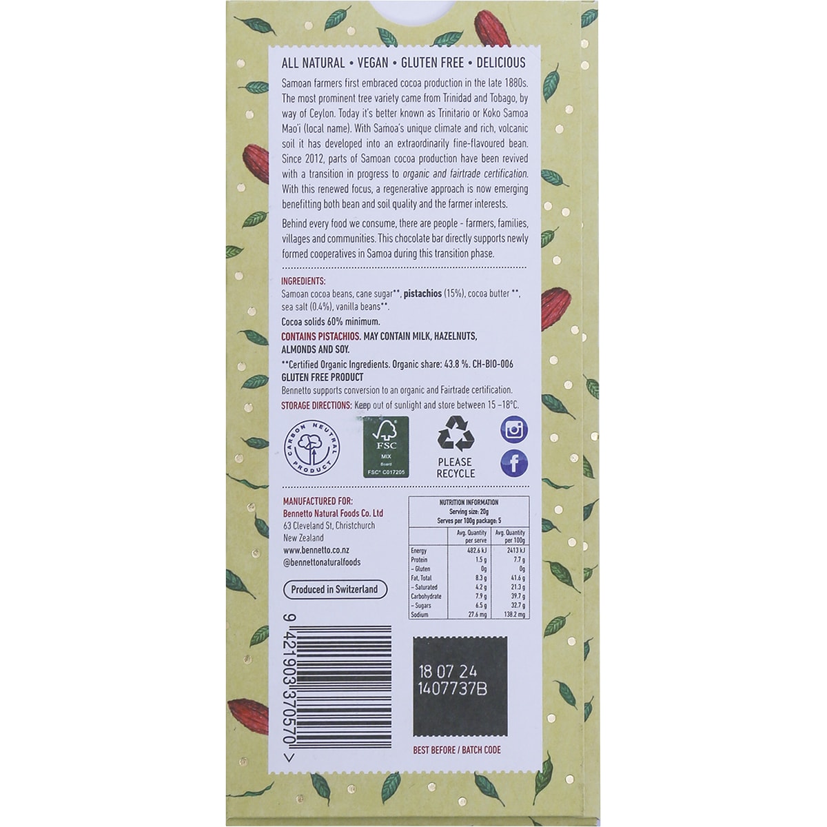BENNETTO Organic Dark Chocolate Pistachios in Dark x 14