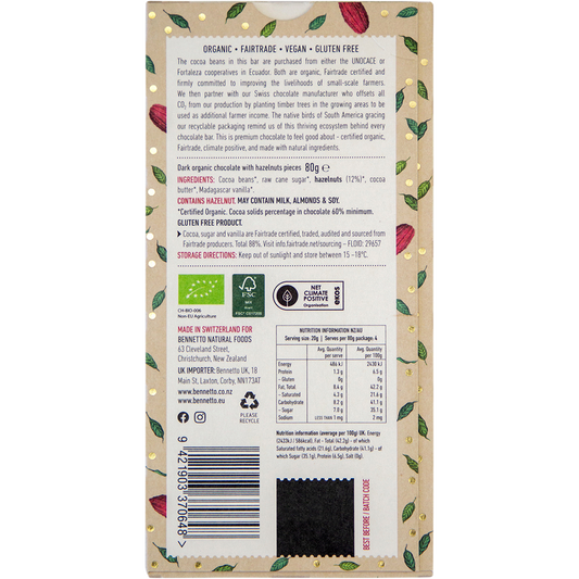 Bennetto Organic Dark Chocolate Toasted Hazelnut - Box of 12