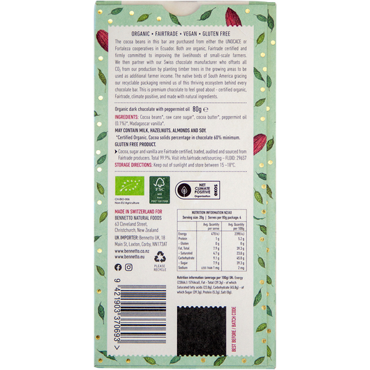 Bennetto Organic Dark Chocolate Dark Mint - Box of 12