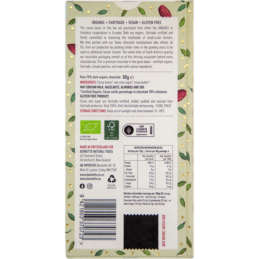 Bennetto Organic Dark Chocolate 70% Organic Dark - Box of 12