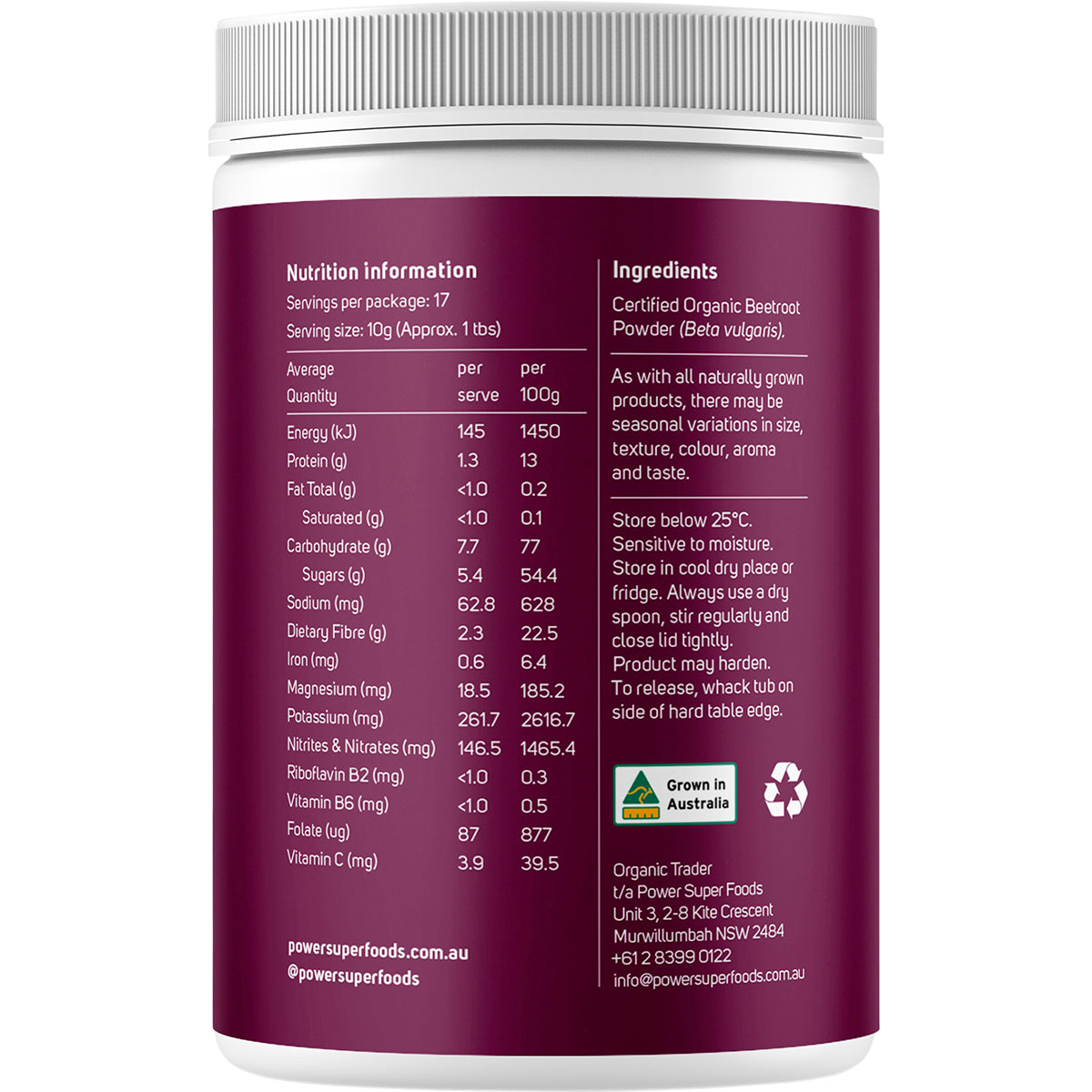 POWER SUPER FOODS Beetroot Powder Certified Organic 1 x 170g
