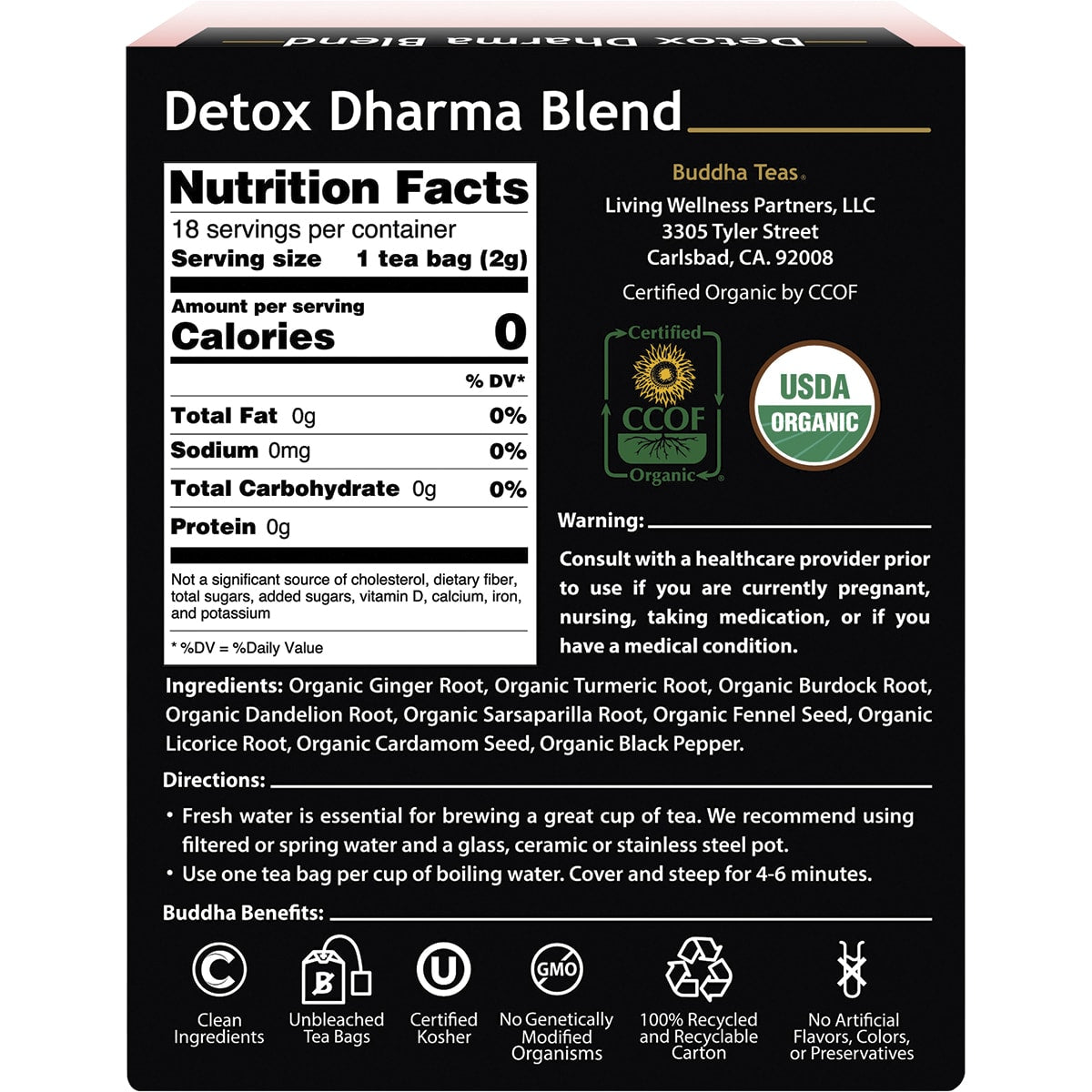 BUDDHA TEAS Organic Herbal Tea Bags Detox Dharma Blend 1 x 18pk