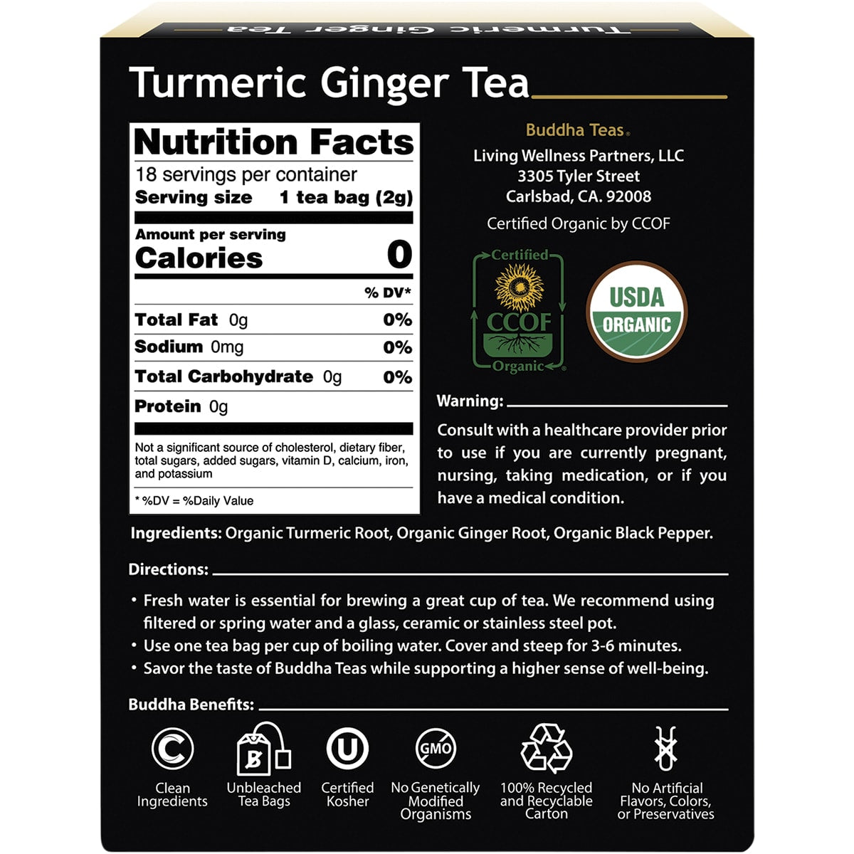 BUDDHA TEAS Organic Herbal Tea Bags Turmeric Ginger Tea 1 x 18pk