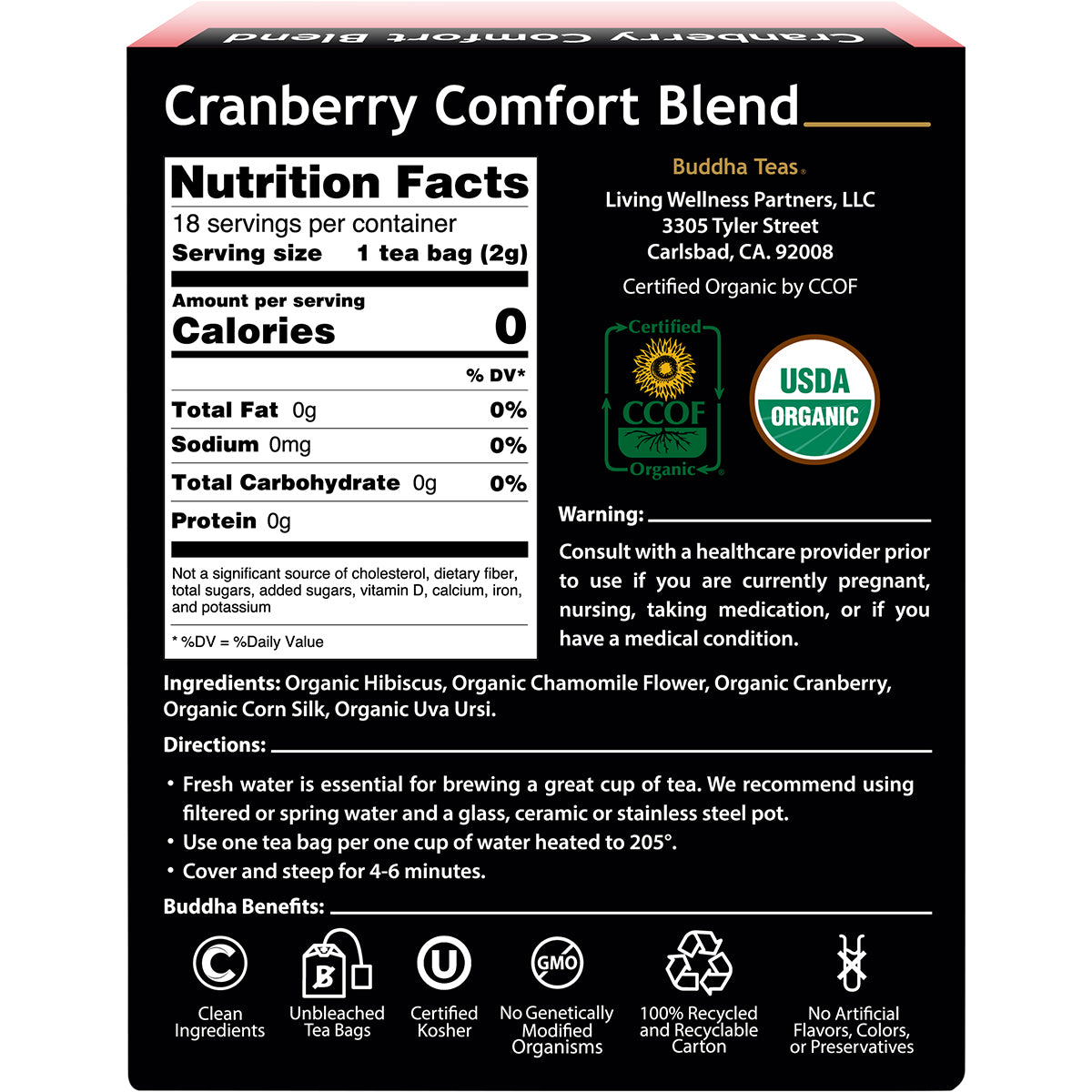 BUDDHA TEAS Organic Herbal Tea Bags Cranberry Comfort Blend 1 x 18pk