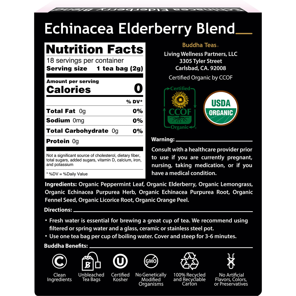 BUDDHA TEAS Organic Herbal Tea Bags Echinacea Elderberry Blend 1 x 18pk