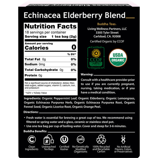 BUDDHA TEAS Organic Herbal Tea Bags Echinacea Elderberry Blend 1 x 18pk