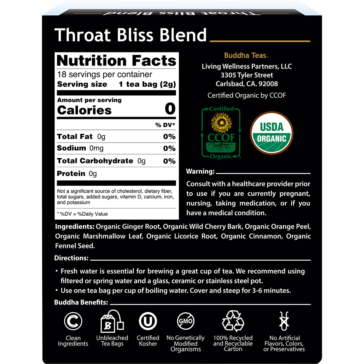 BUDDHA TEAS Organic Herbal Tea Bags Throat Bliss Blend 1 x 18pk