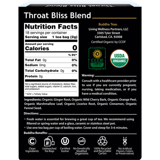 BUDDHA TEAS Organic Herbal Tea Bags Throat Bliss Blend 1 x 18pk