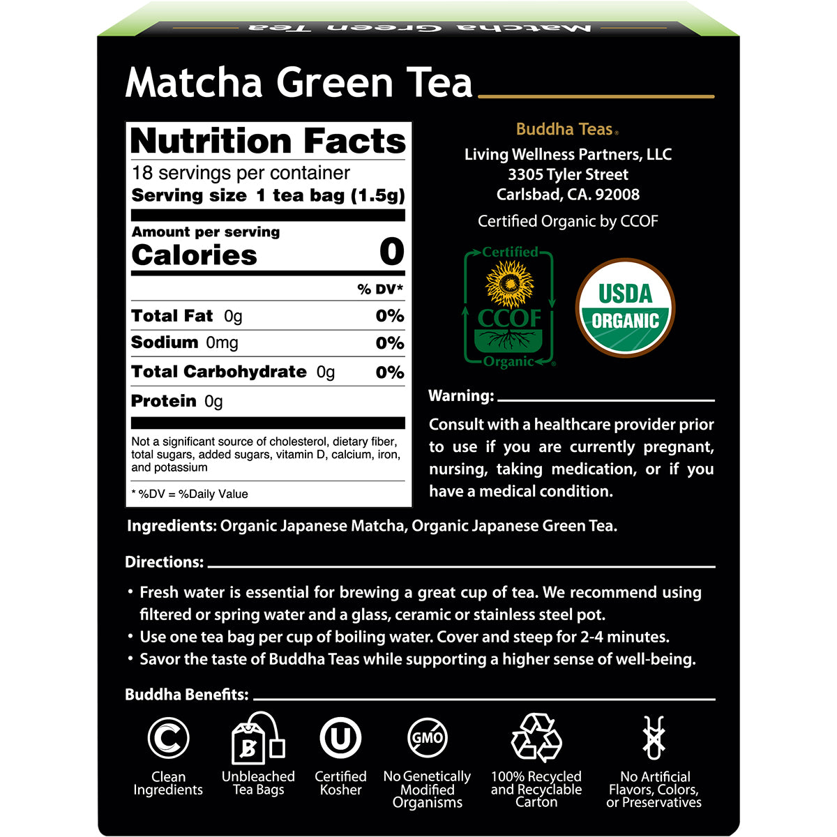 BUDDHA TEAS Organic Herbal Tea Bags Matcha Green Tea 1 x 18pk