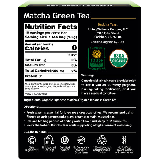 BUDDHA TEAS Organic Herbal Tea Bags Matcha Green Tea 1 x 18pk