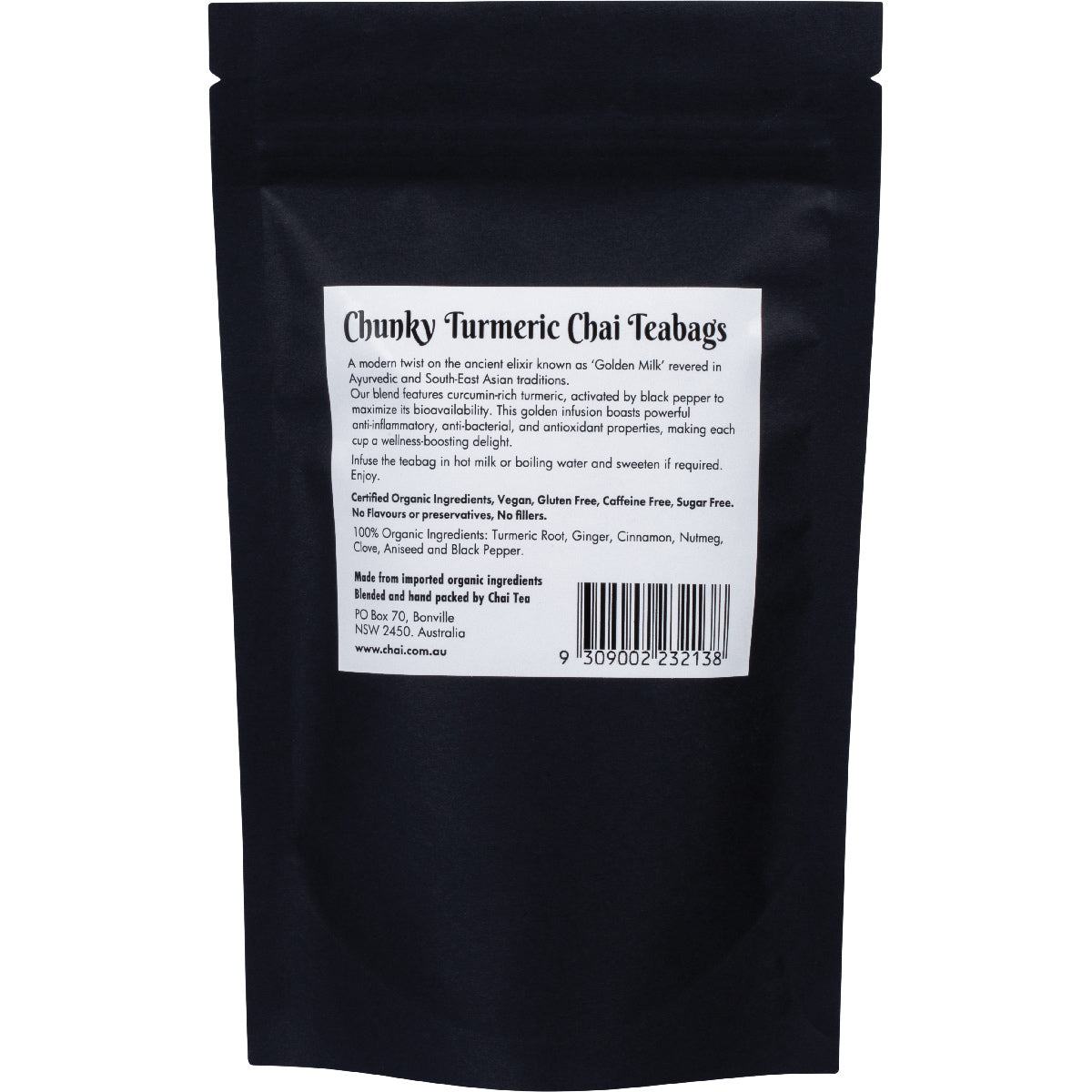 CHAI TEA Organic Chunky Turmeric Chai Tea Bags 1 x 20pk