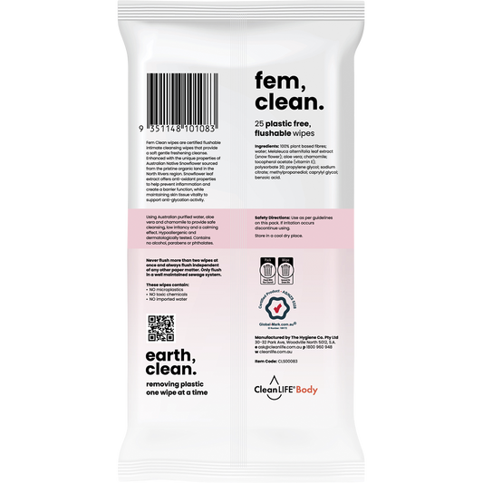 CleanLIFE Fem Clean Intimate Flushable Plastic Free Wipes