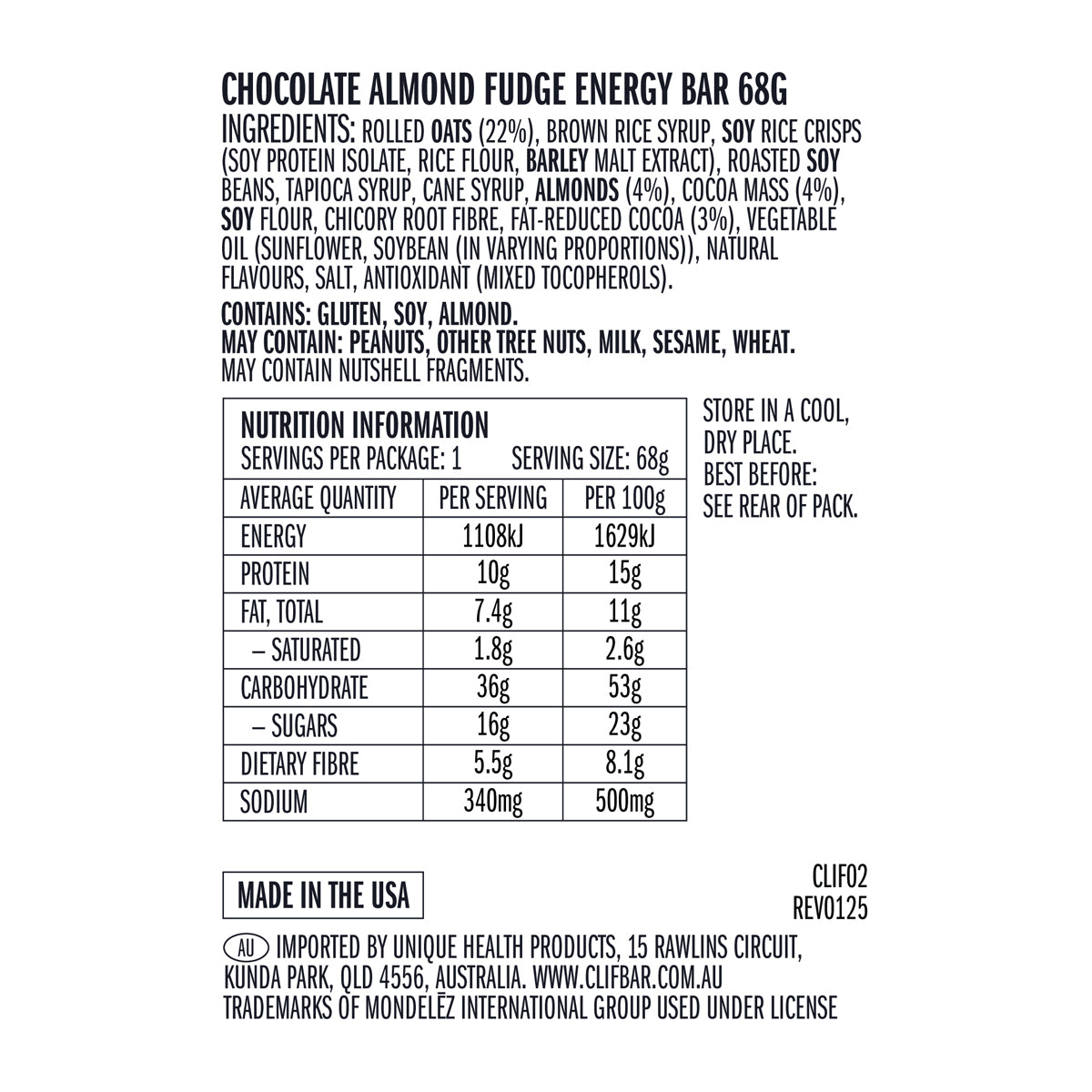CLIF Energy Bar Chocolate Almond Fudge 12 x 68g