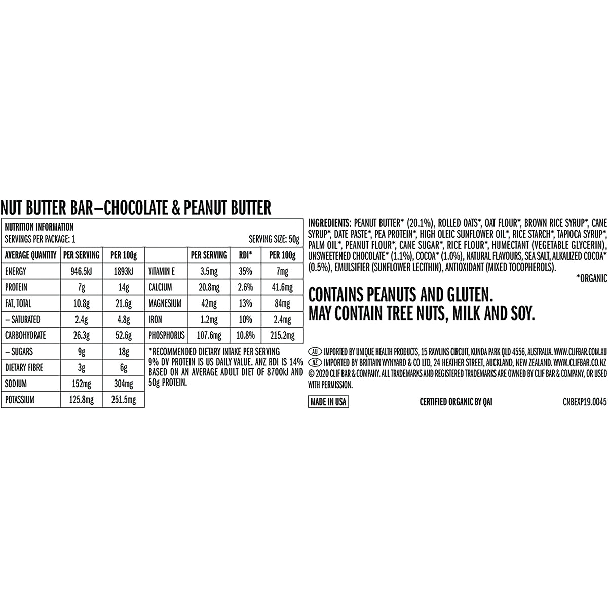 CLIF Nut Butter Bar Chocolate & Peanut Butter 12 x 50g