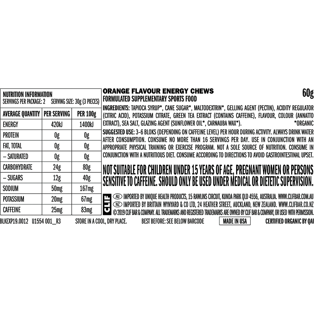 CLIF Bloks Energy Chews Orange 25mg Caffeine 18 x 60g