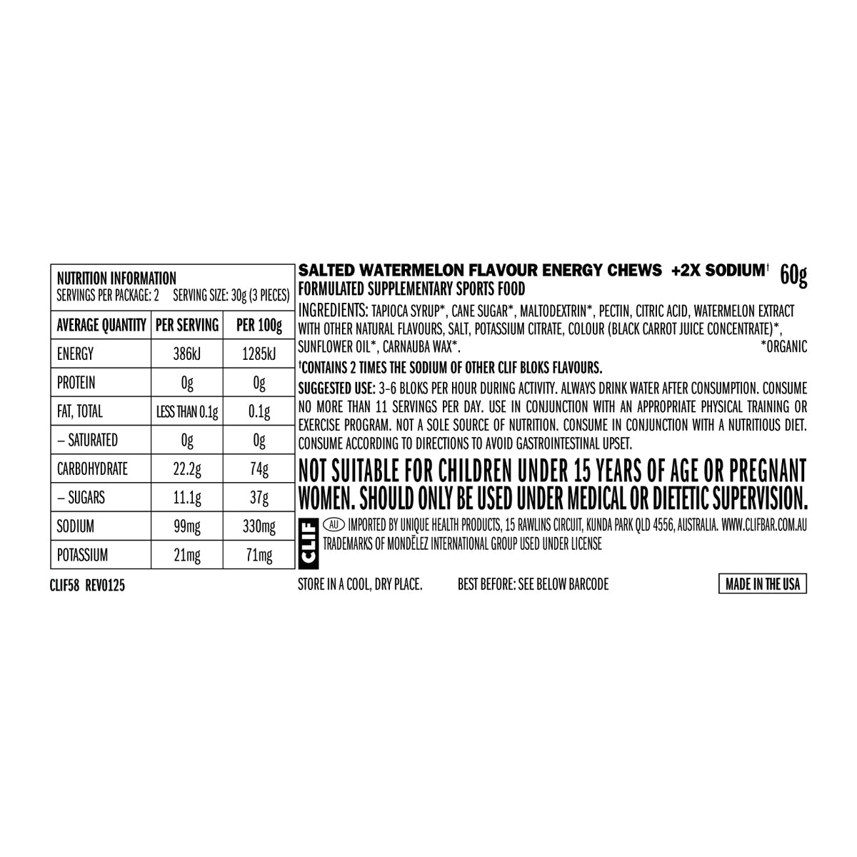 CLIF Bloks Energy Chews Salted Watermelon 100mg Sodium 18 x 60g