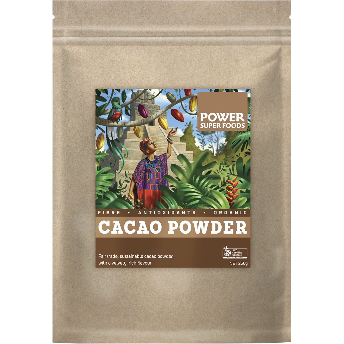 POWER SUPER FOODS Cacao Powder Kraft Bag Certified Organic 1 x 250g
