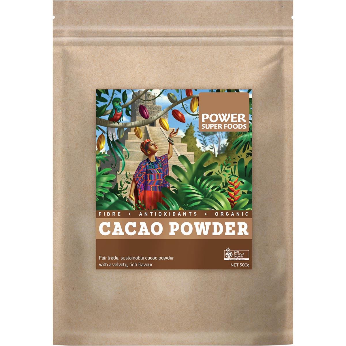 POWER SUPER FOODS Cacao Powder Kraft Bag Certified Organic 1 x 500g