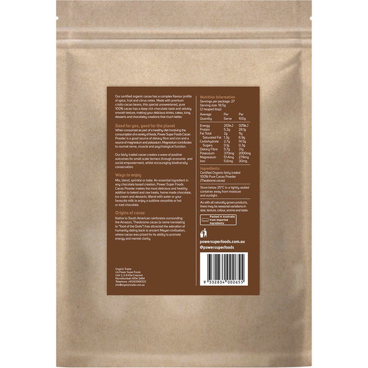 POWER SUPER FOODS Cacao Powder Kraft Bag Certified Organic 1 x 500g