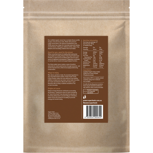 Power Super Foods Cacao Powder Kraft Bag Certified Organic