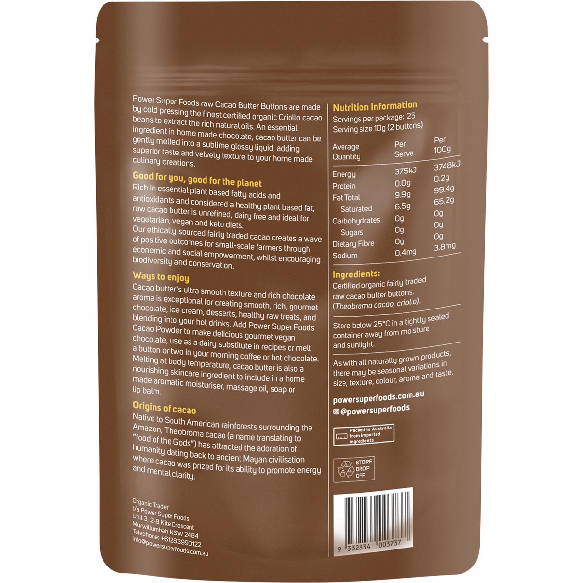 POWER SUPER FOODS Cacao Butter Buttons Raw Certified Organic 1 x 250g