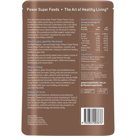 POWER SUPER FOODS Cacao Paste Buttons Ceremonial Grade Certified Organic 1 x 500g