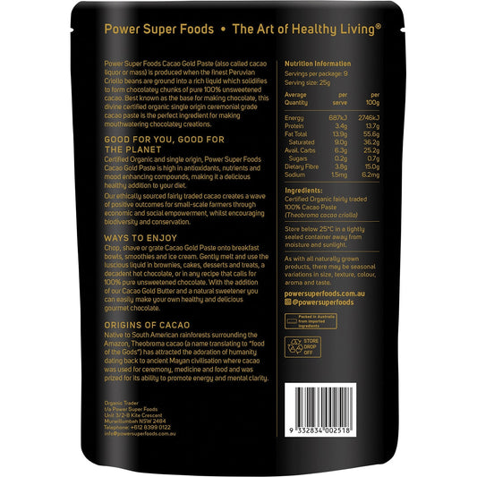 POWER SUPER FOODS Cacao Gold Paste Chunks Ceremonial Grade Cert Organic 1 x 225g