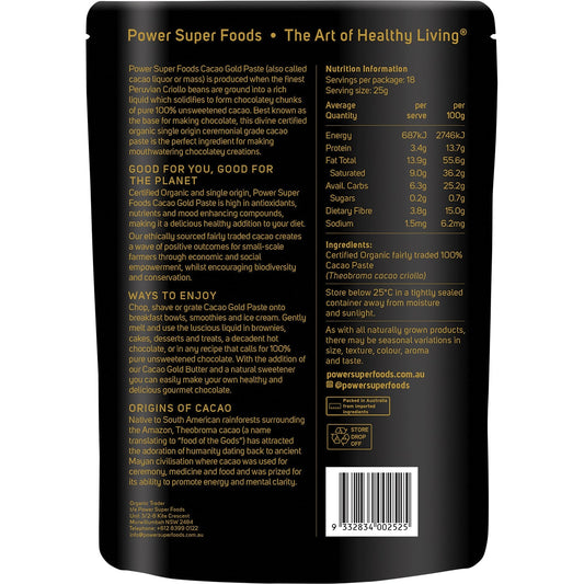 POWER SUPER FOODS Cacao Gold Paste Chunks Ceremonial Grade Cert Organic 1 x 450g
