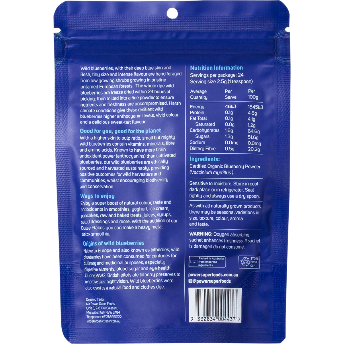 POWER SUPER FOODS Wild Blueberry Powder Certified Organic 1 x 60g