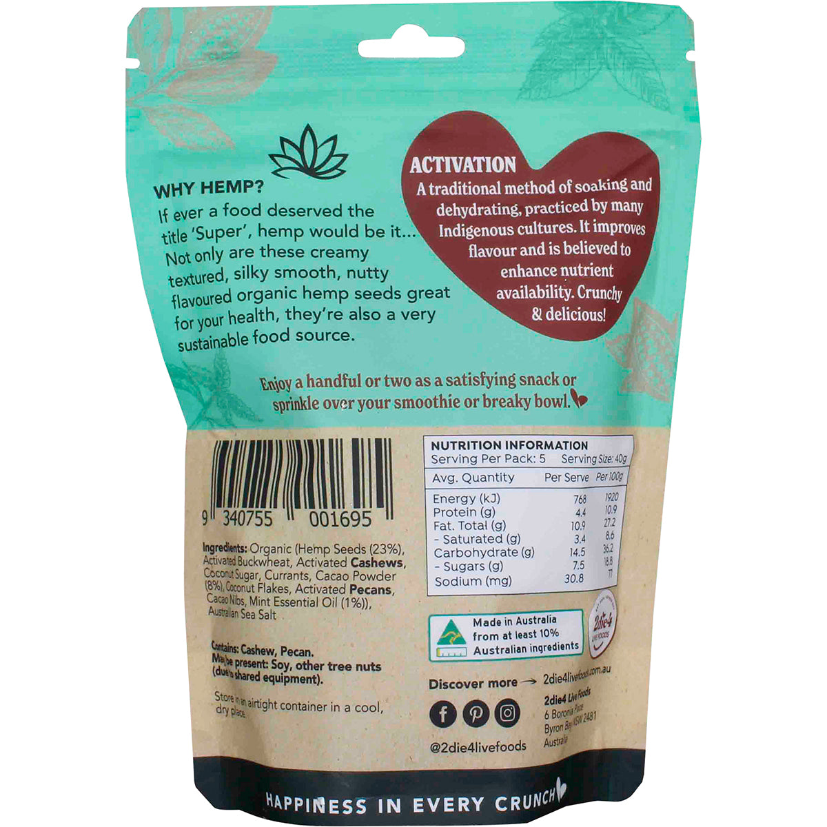 2DIE4 LIVE FOODS Hemptations Superfood Hemp Snack Mint Chocolate 1 x 200g