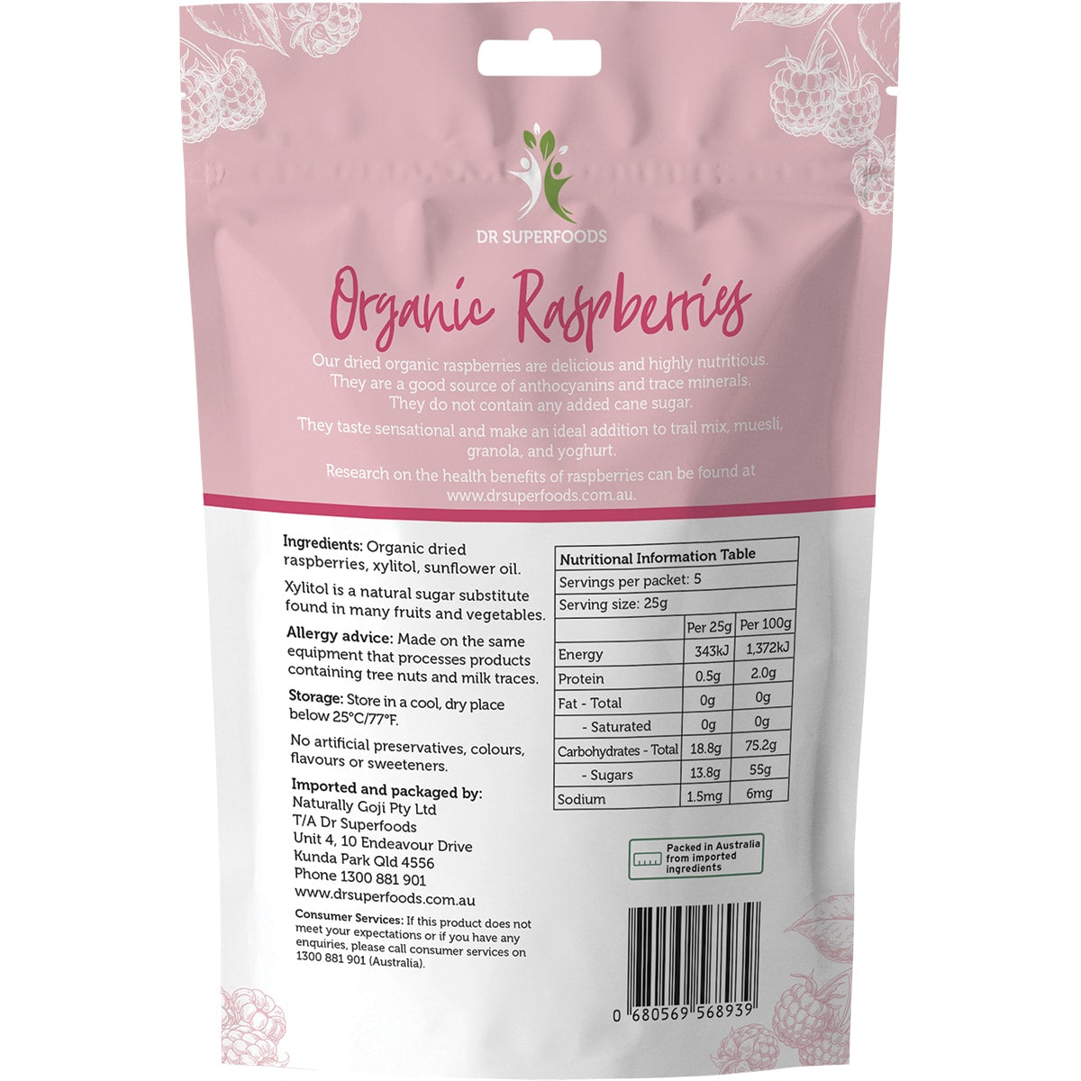 DR SUPERFOODS Dried Raspberries Organic 1 x 125g