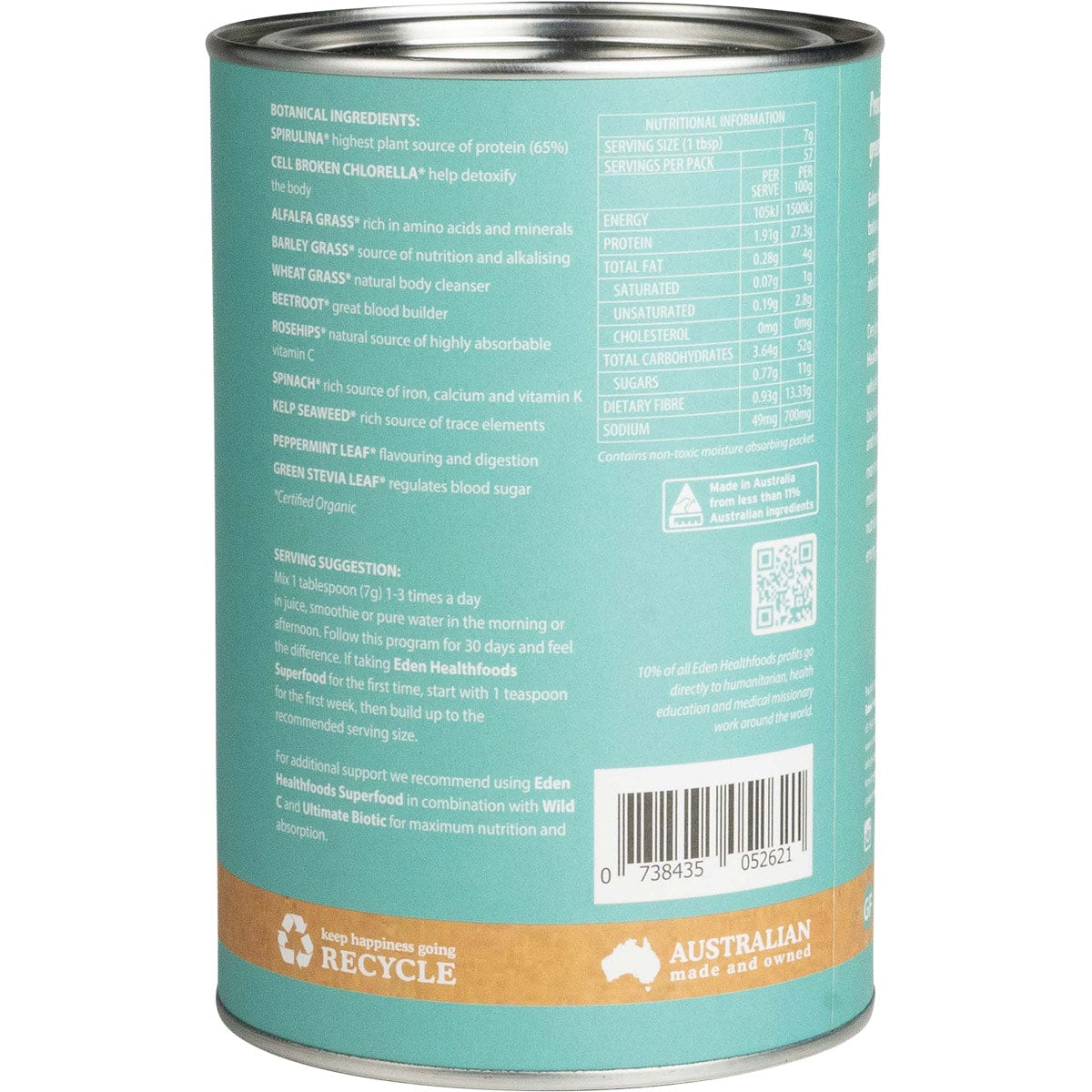 EDEN HEALTHFOODS Superfood Certified Organic Greens Powder 1 x 400g