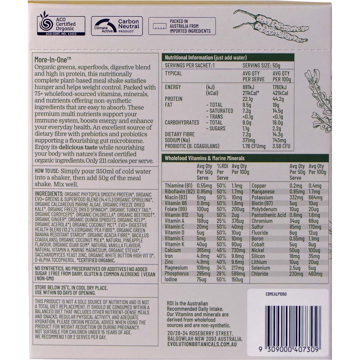 EVOLUTION BOTANICALS Organic Greens Meal Shake Smooth Pineapple 10 x 50g