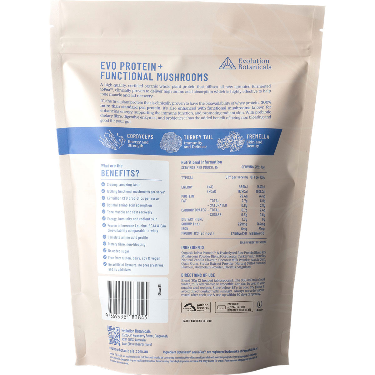 EVOLUTION BOTANICALS EVO+ Protein Functional Mushrooms Creamy Vanilla 1 x 450g